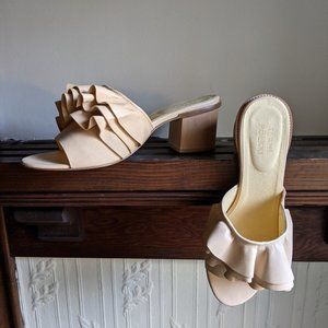 TERHI POLKKI RUFFLE LEATHER SLIDES IN ROSE/NUDE SIZE 40 NIB WOOD BLOCK HEEL